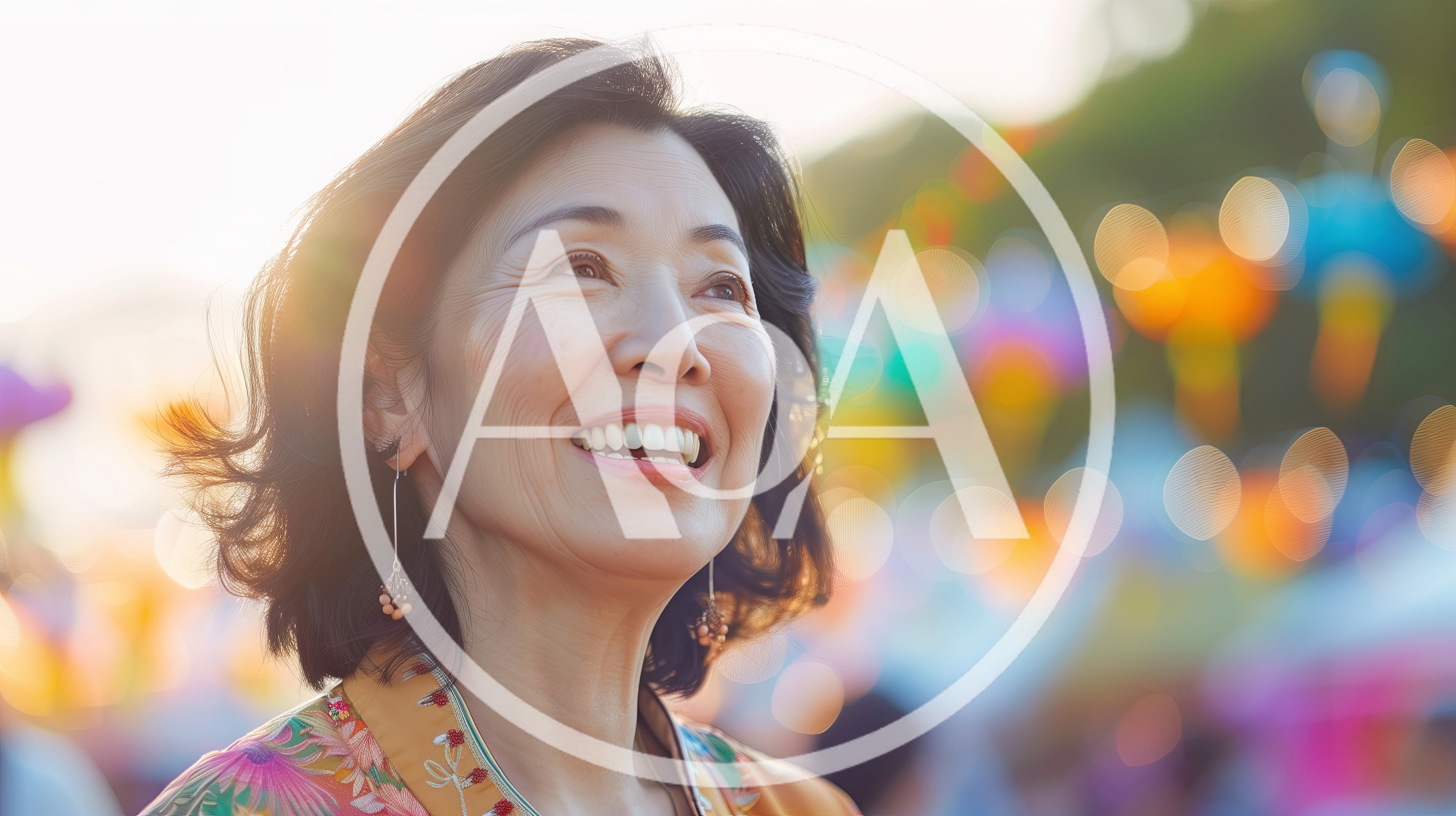 Smiling Mature Asian Woman Looking Upwards Outdoors