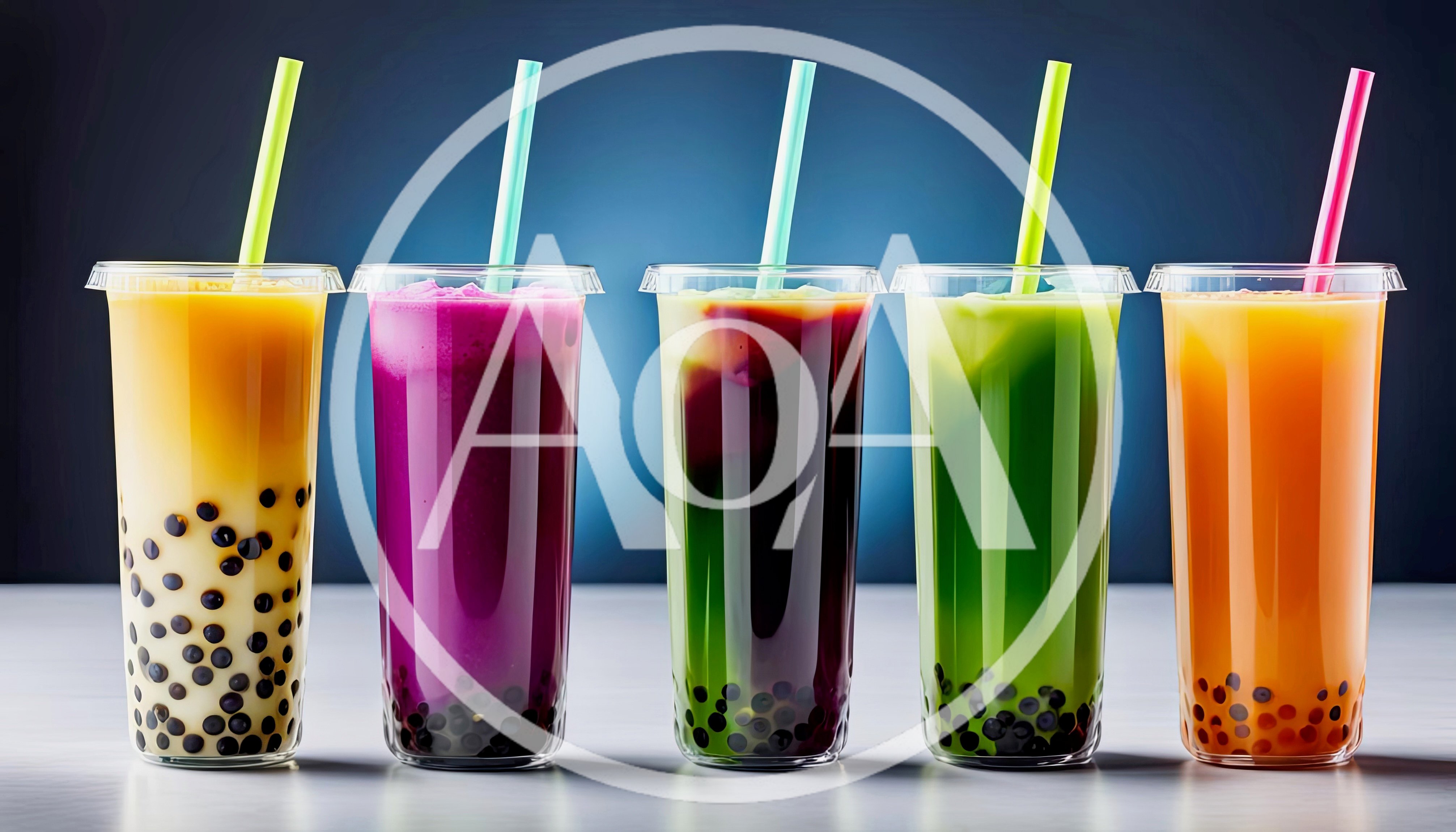Five Colorful Bubble Tea Drinks In Plastic Cups