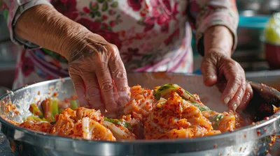 Elderly Woman Preparing Traditional Kimchi In A Metal Bowl