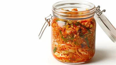 Glass Jar Filled With Fresh Spicy Kimchi