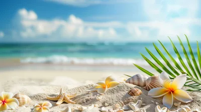 Tropical Beach Scene With Plumeria Flowers And Seashells