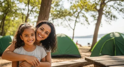 Mother and Daughter Embracing at a Campsite