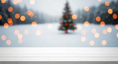 White Wooden Table Surface With Blurred Christmas Tree Background