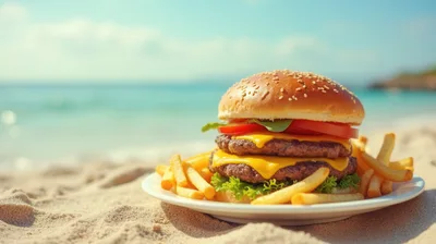 Double Cheeseburger With French Fries On A Beach