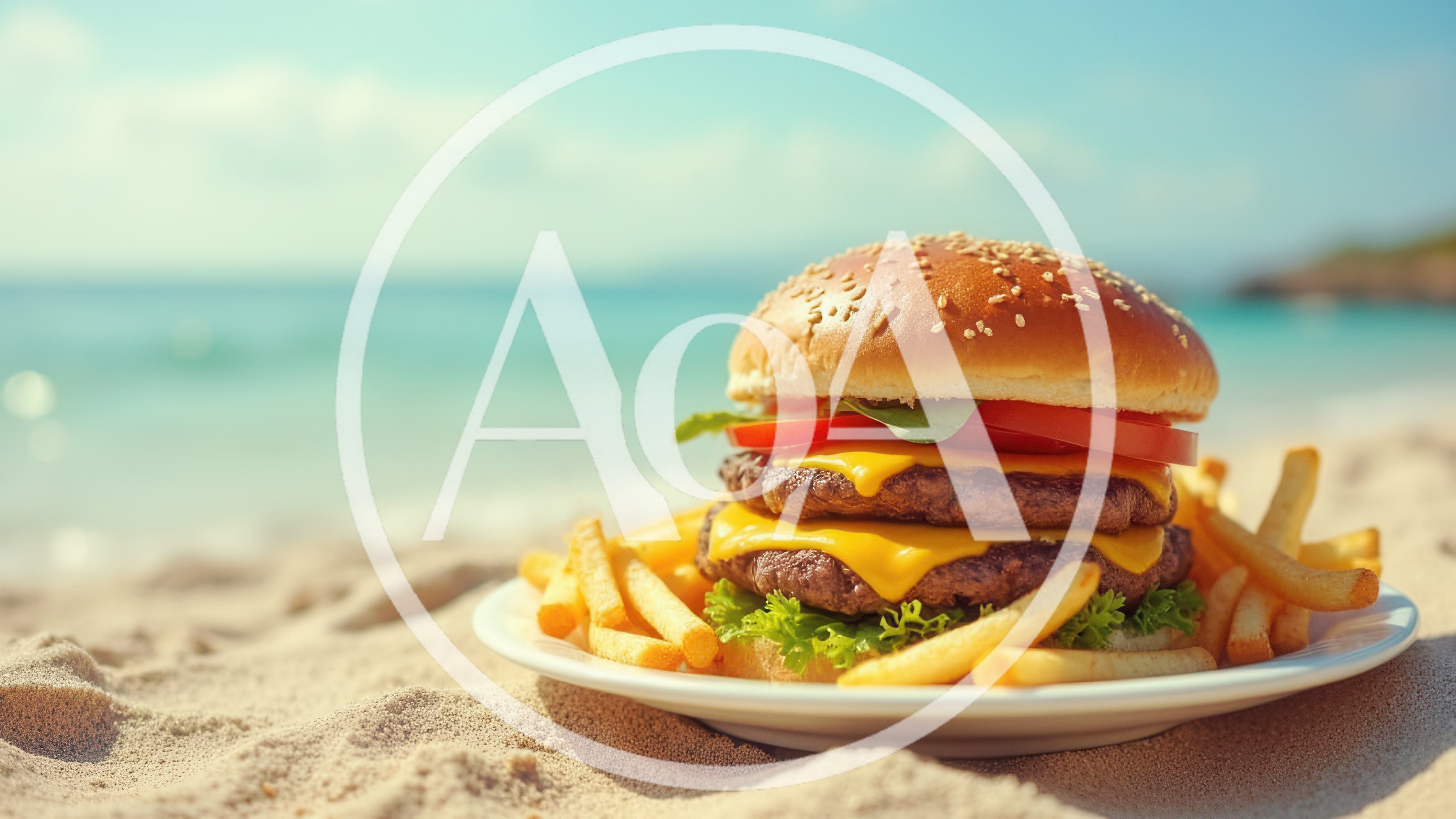 Double Cheeseburger With French Fries On A Beach