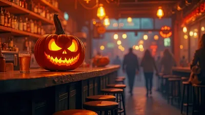 Jack O Lantern Pumpkin On A Bar Counter