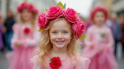 Young Girl Wearing Floral Crown and Pink Dress