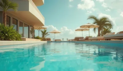 Luxury Resort Swimming Pool With Lounge Chairs And Umbrellas
