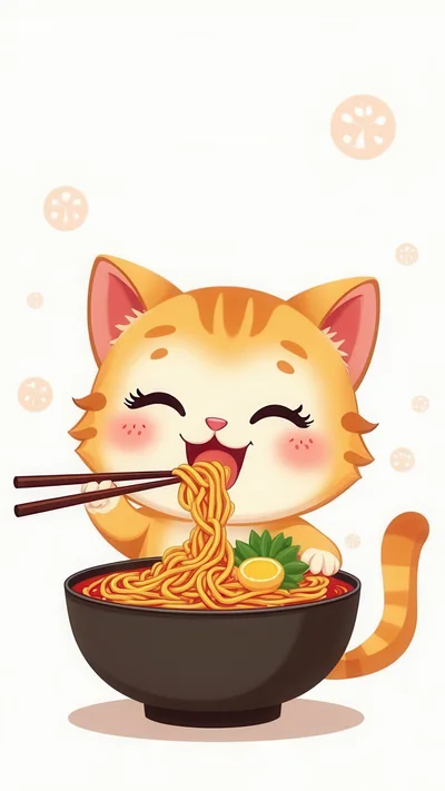 Cute Cartoon Cat Eating Ramen Noodles