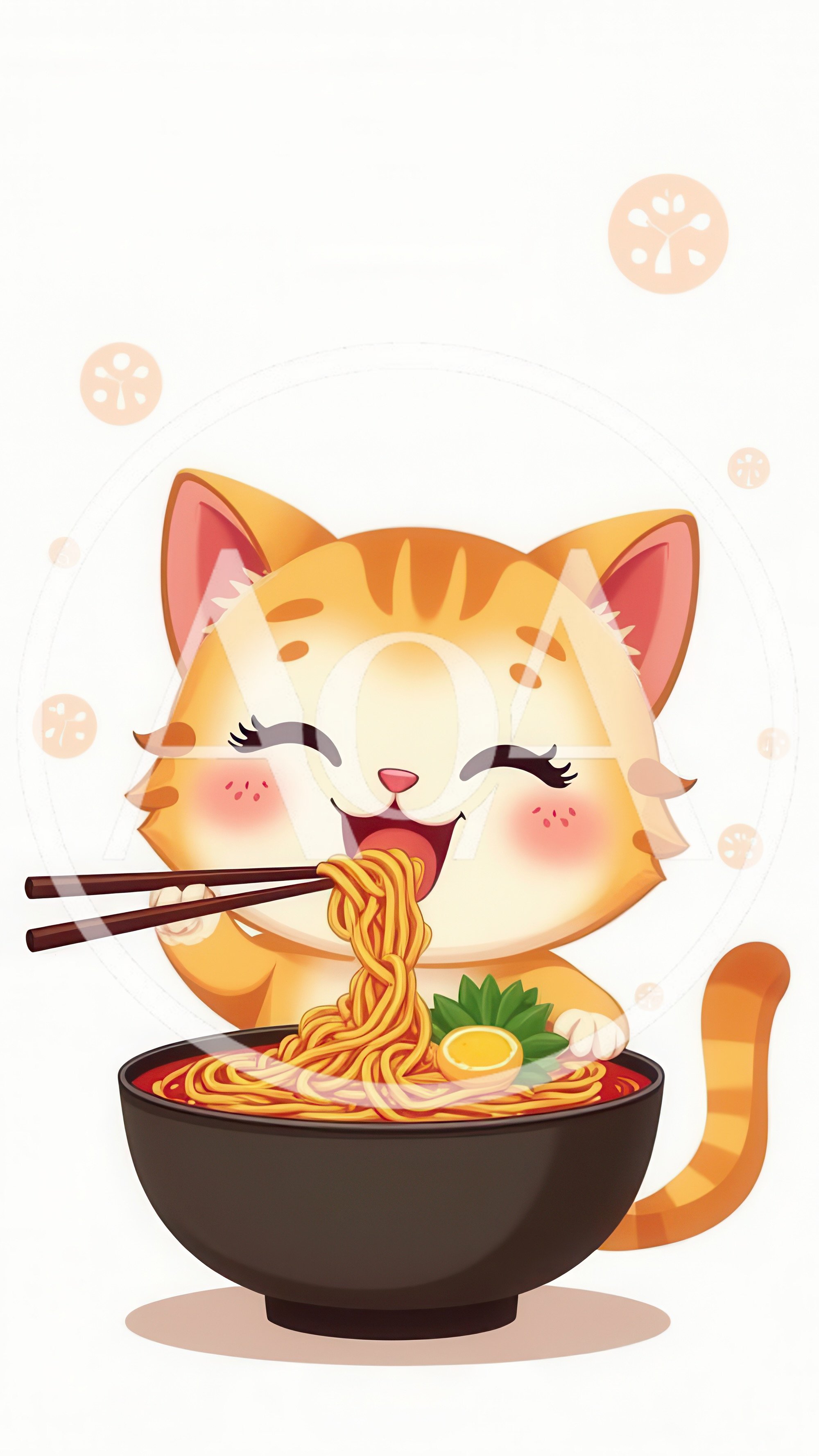 Cute Cartoon Cat Eating Ramen Noodles
