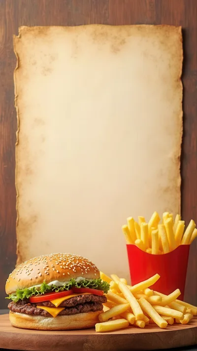Gourmet Cheeseburger and French Fries on Wooden Board