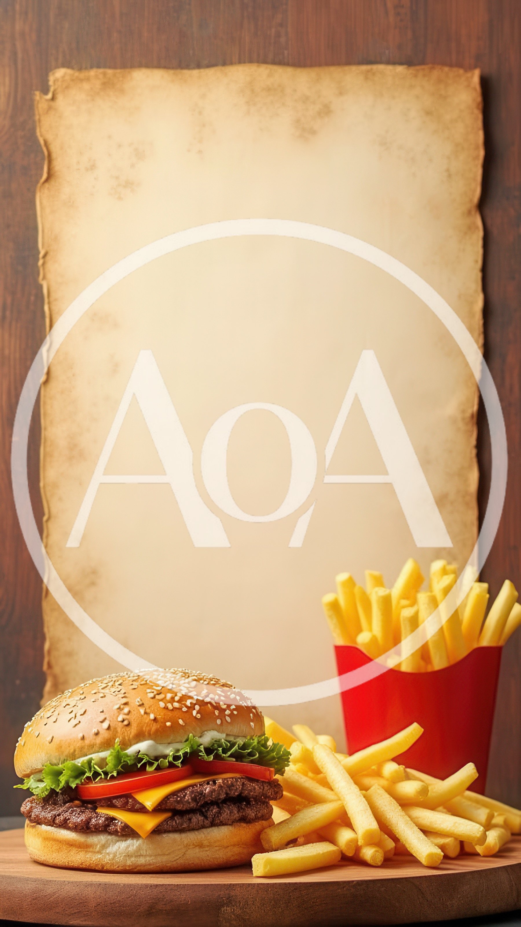 Gourmet Cheeseburger and French Fries on Wooden Board