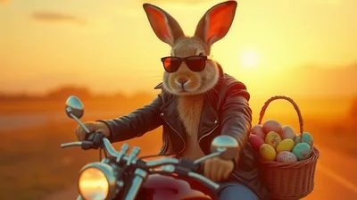 Cool Easter Bunny Riding A Motorcycle At Sunset
