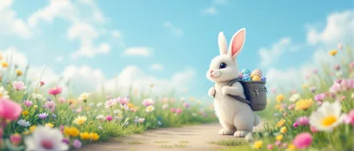 Cute White Easter Bunny Carrying Backpack of Eggs