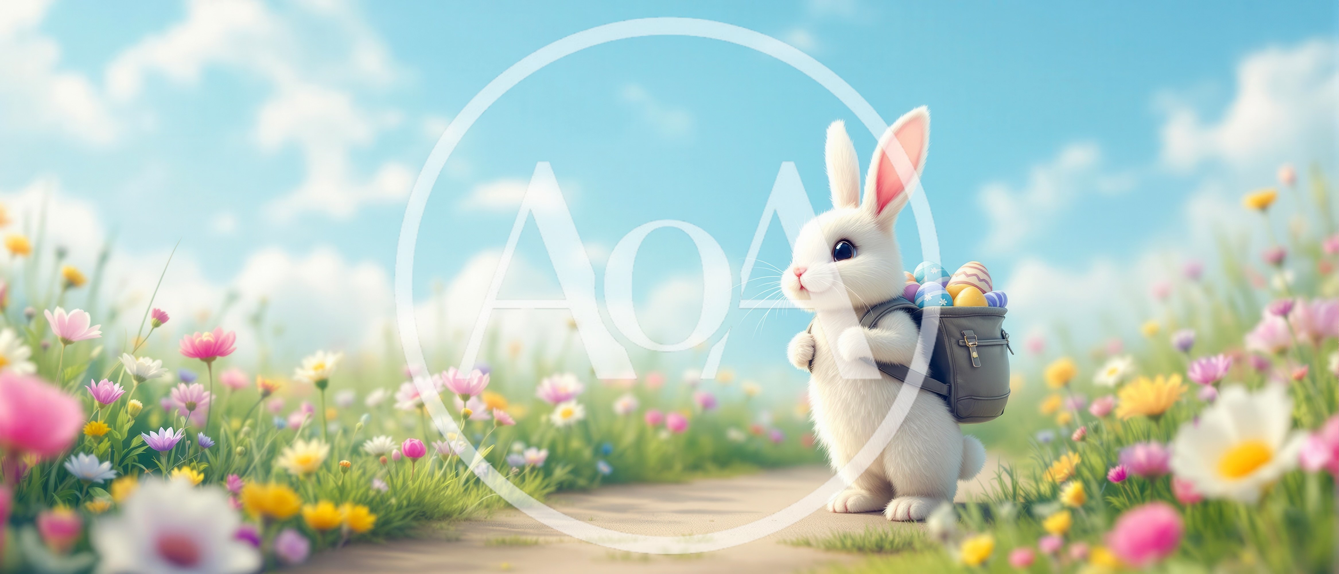 Cute White Easter Bunny Carrying Backpack of Eggs
