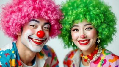 Portrait of Two Clowns with Colorful Wigs