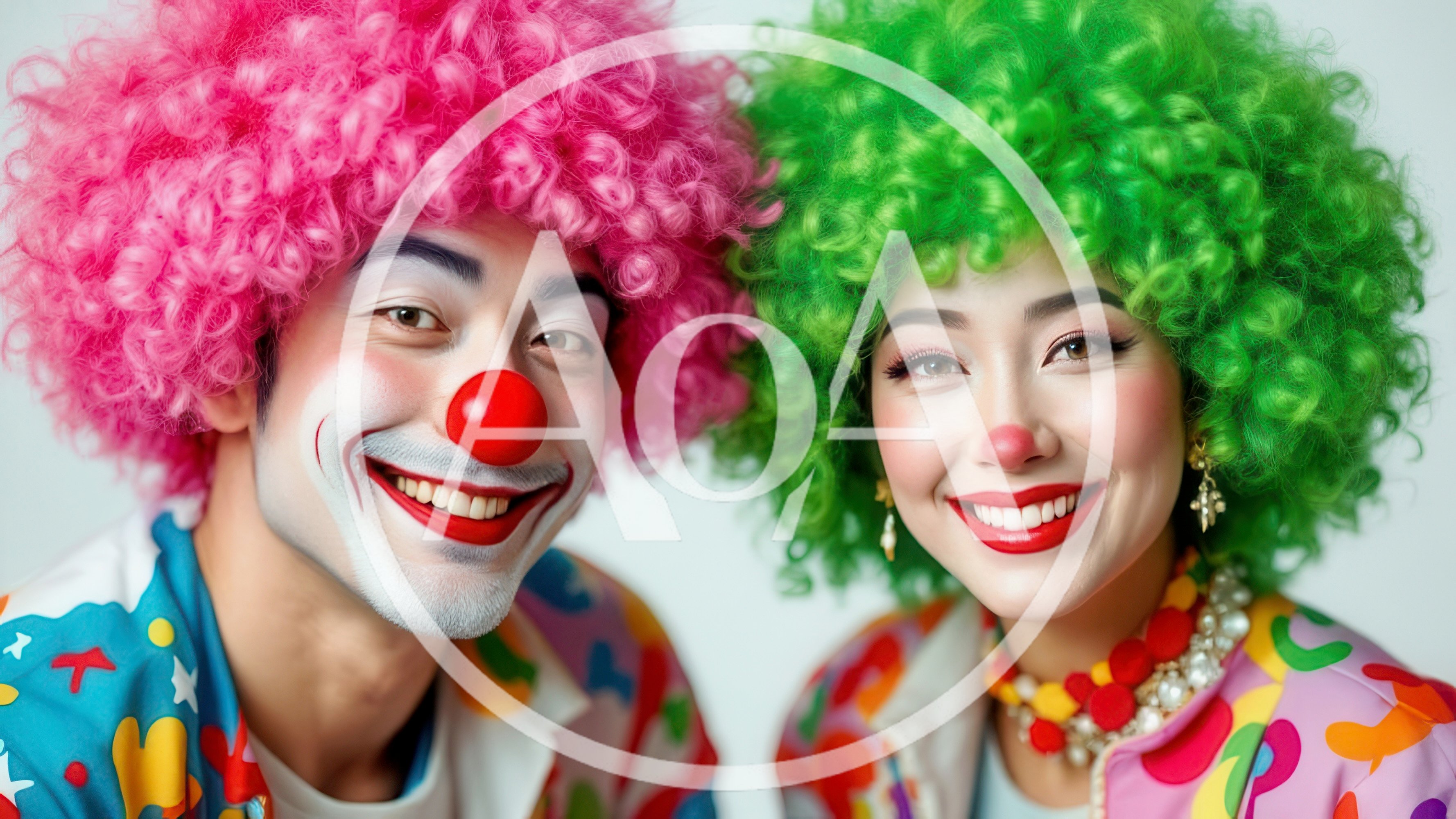 Portrait of Two Clowns with Colorful Wigs