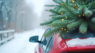 Christmas Tree Secured On Red Car Roof In Winter