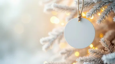 Blank White Christmas Ornament Hanging On Snowy Tree