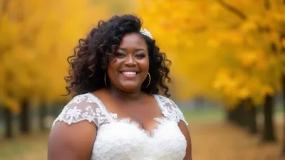 Smiling African American Bride In Autumn Park