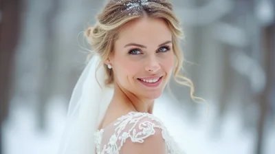 Beautiful Bride Smiling Outdoors In Snowy Winter Forest