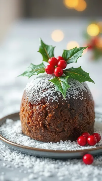 Traditional Christmas Pudding With Holly And Berries