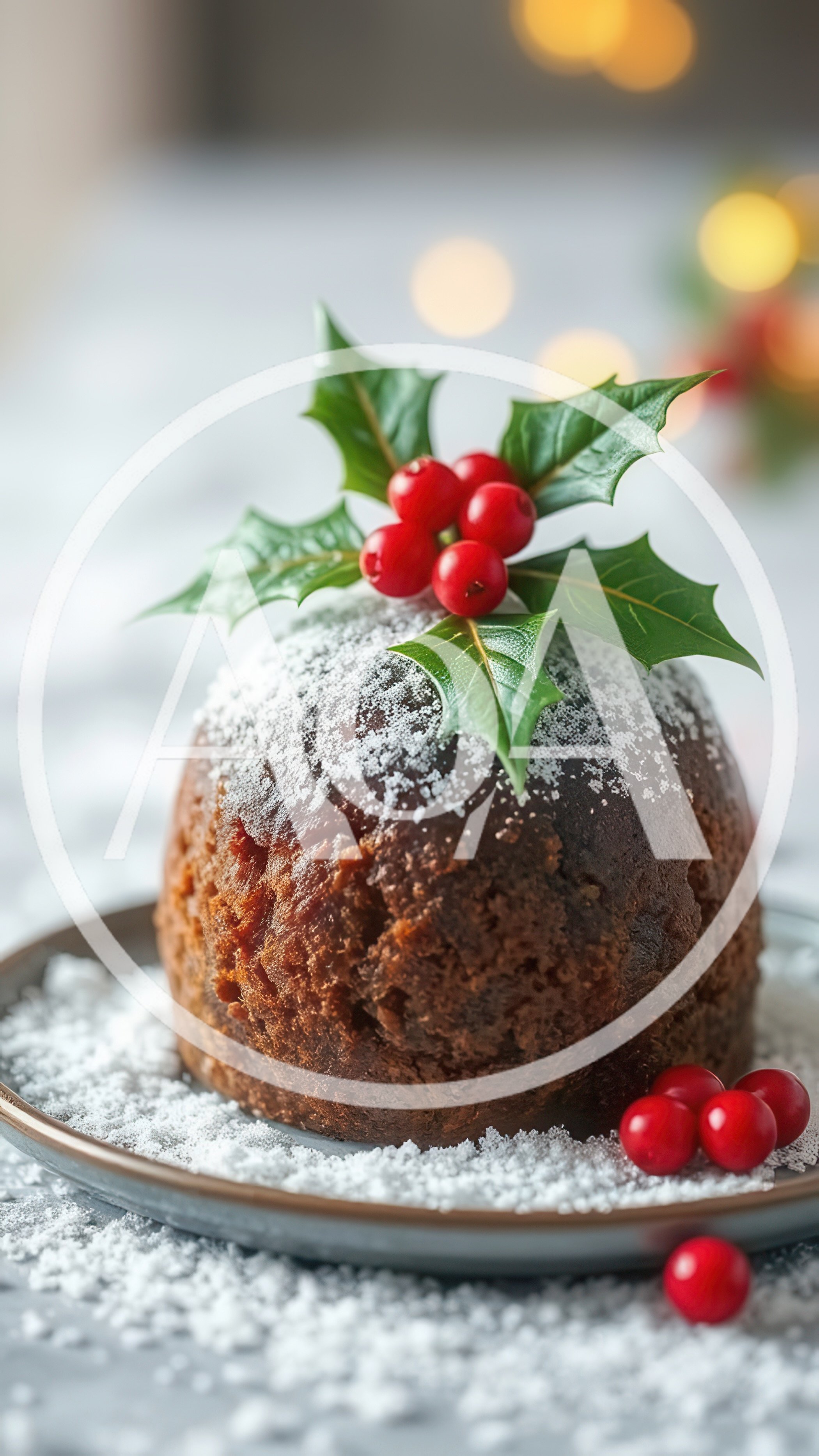 Traditional Christmas Pudding With Holly And Berries