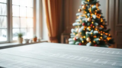 Empty Wooden Table With Blurred Christmas Tree Background