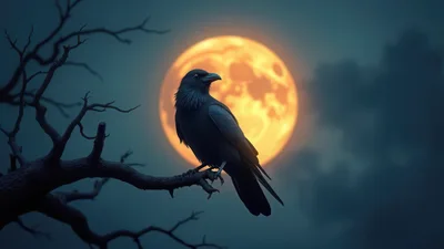 Black Raven Perched on Bare Tree Branch Under Full Moon