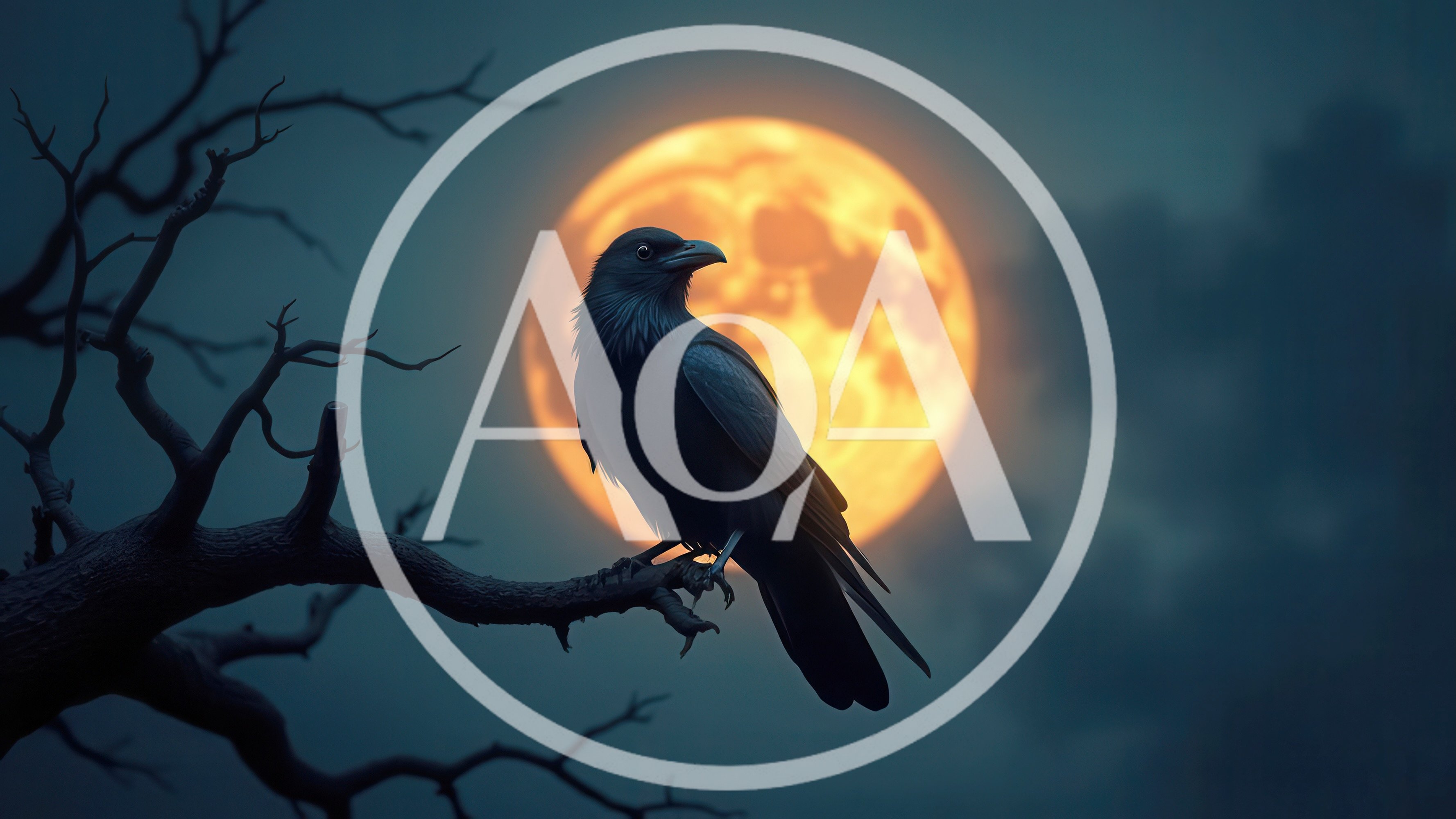 Black Raven Perched on Bare Tree Branch Under Full Moon