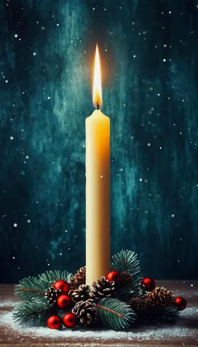 Lit Christmas Candle With Pine Cones And Ornaments