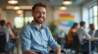 Smiling Man In Wheelchair Working In Modern Office