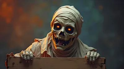 Scary Mummy Skeleton Emerging From A Wooden Crate