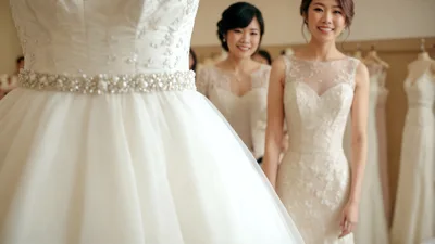 Bridesmaids Helping Bride Choose Wedding Dress