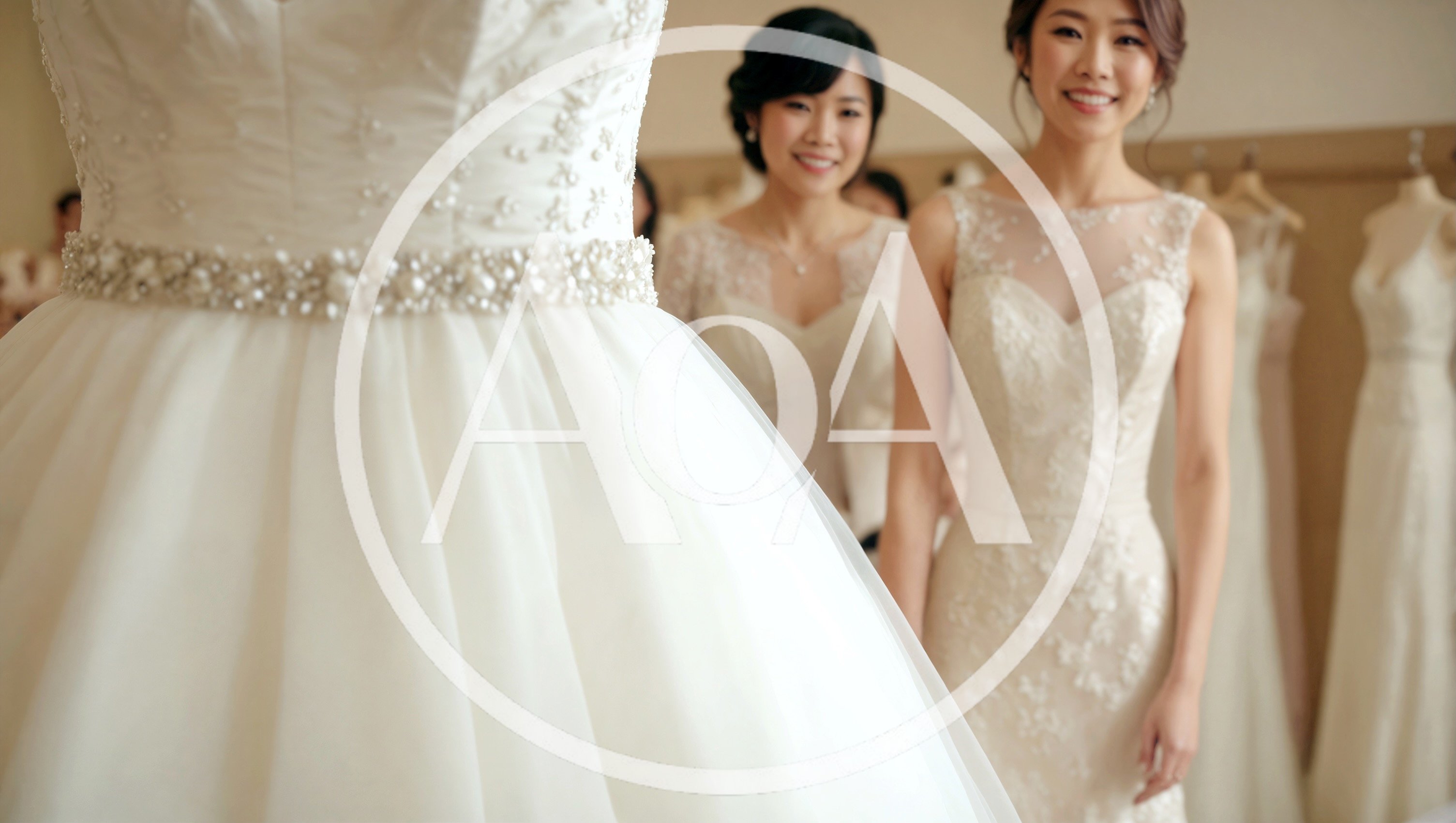 Bridesmaids Helping Bride Choose Wedding Dress