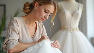 Bridal Designer Examining Intricate Lace Wedding Dress Details
