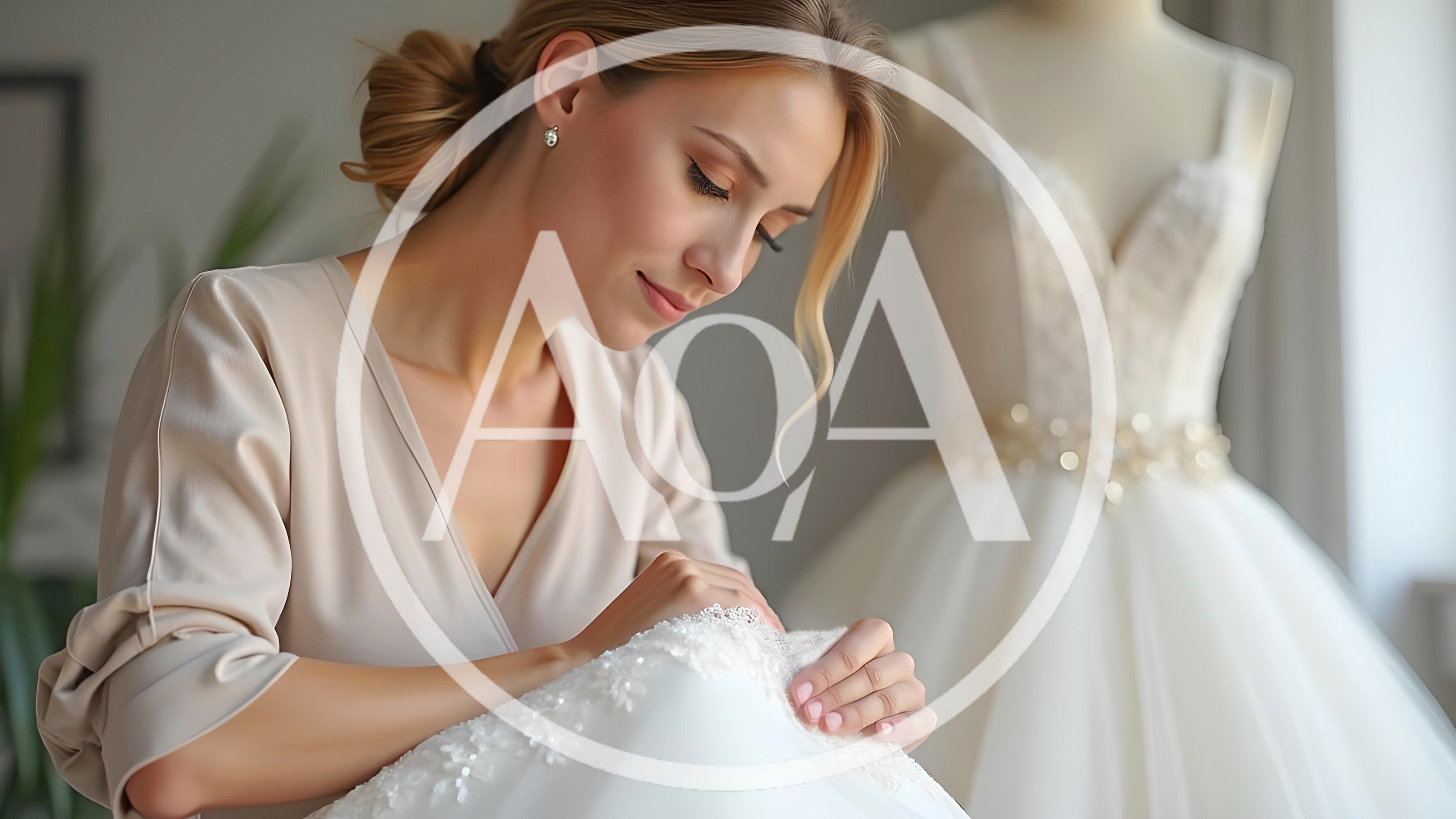 Bridal Designer Examining Intricate Lace Wedding Dress Details