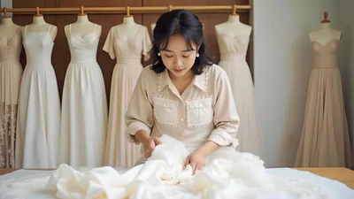 Fashion Designer Working On A Wedding Dress