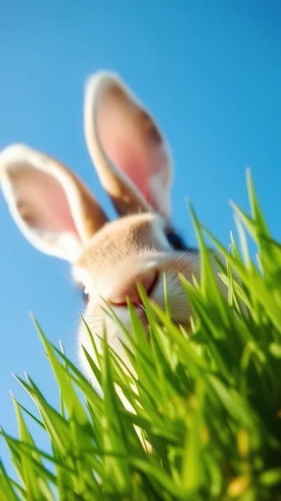 Close Up Of A Rabbit Peeking Through Green Grass