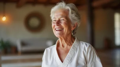 Happy Senior Woman Laughing In A Bright Living Room