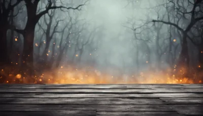Wooden Table Surface Against A Misty Haunted Forest Background