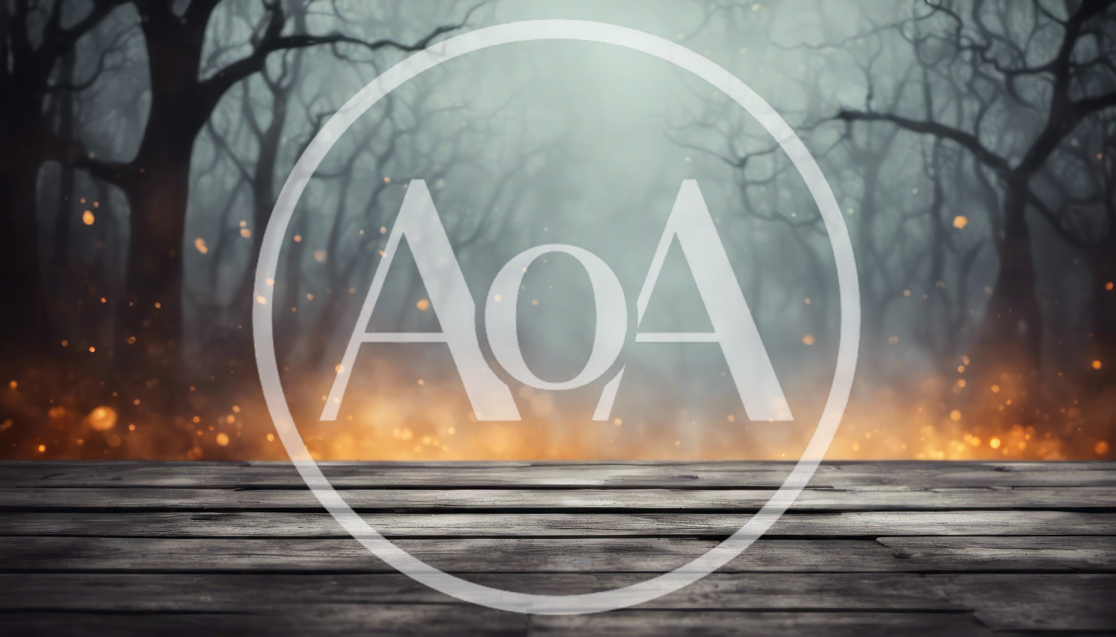 Wooden Table Surface Against A Misty Haunted Forest Background