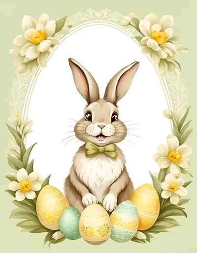 Cute Easter Bunny With Decorated Eggs And Floral Frame
