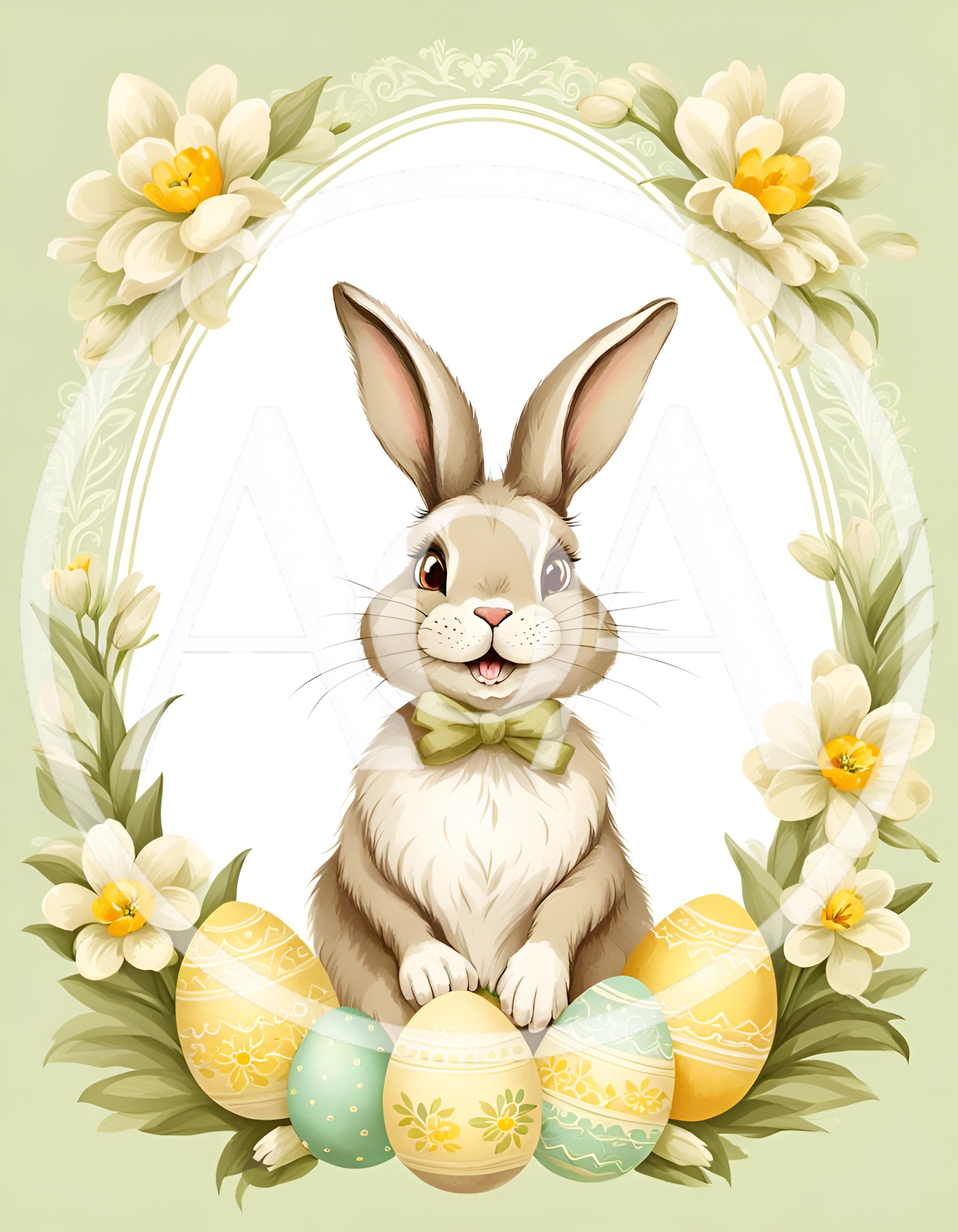 Cute Easter Bunny With Decorated Eggs And Floral Frame