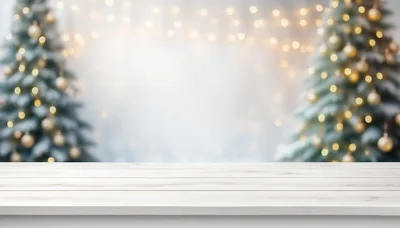 Empty White Wooden Table With Blurred Christmas Trees