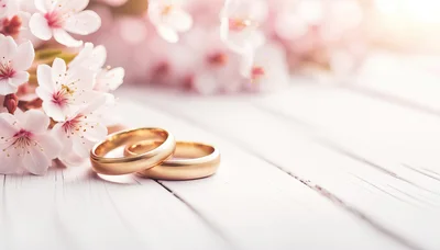 Two Gold Wedding Rings With Cherry Blossom Flowers