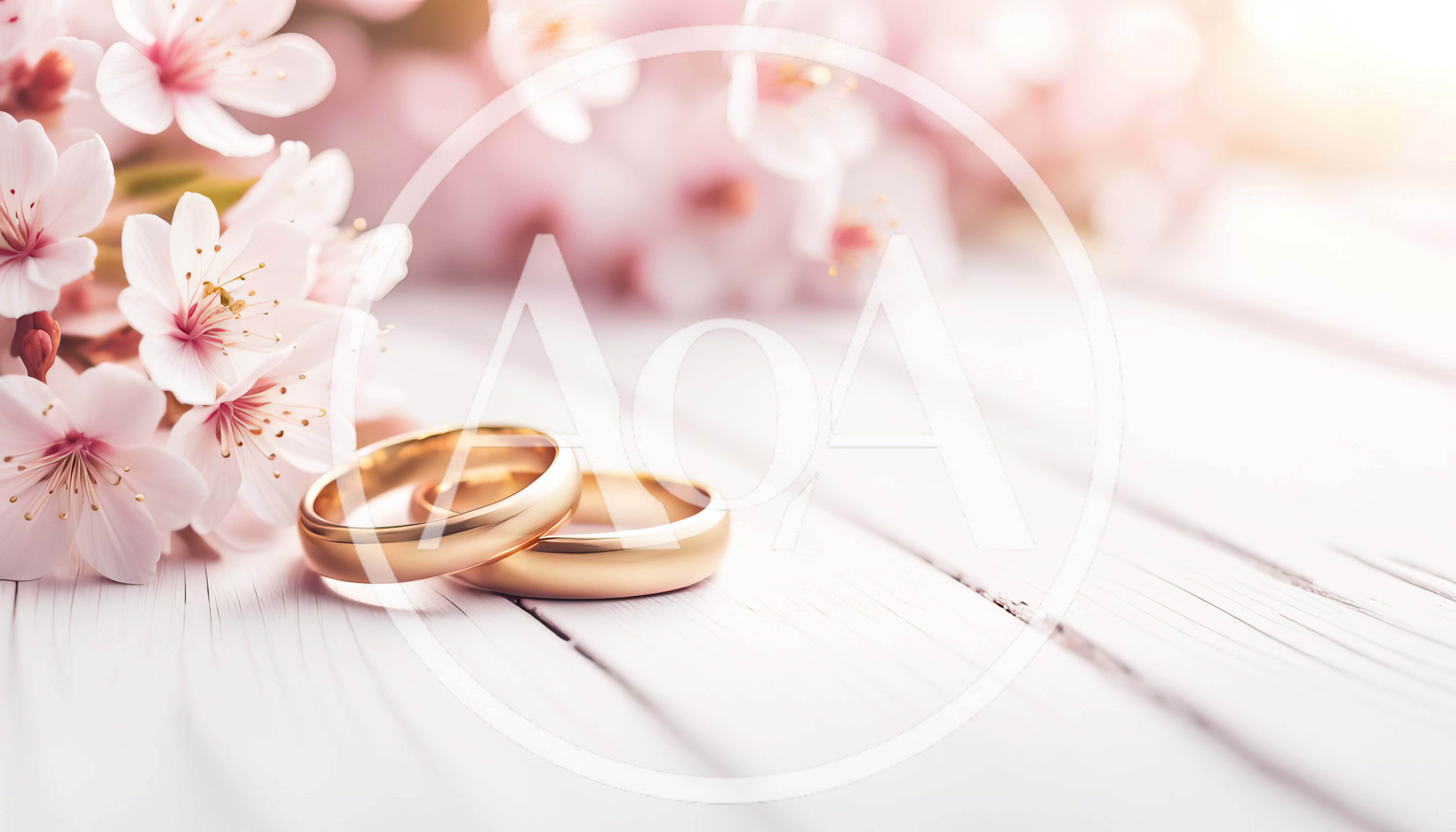 Two Gold Wedding Rings With Cherry Blossom Flowers