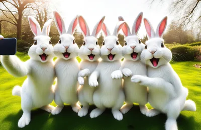 Group of Happy White Rabbits Taking a Selfie