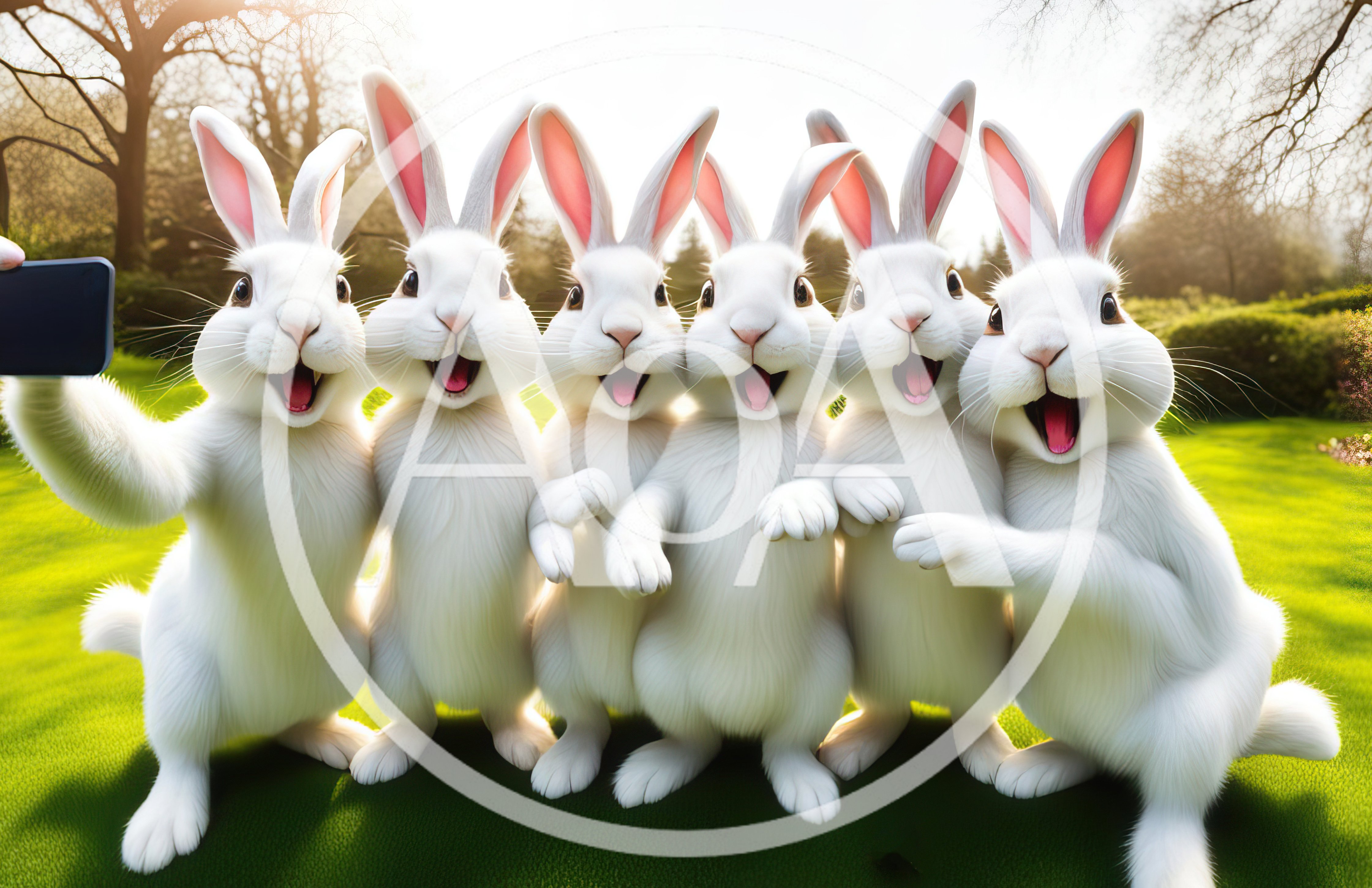 Group of Happy White Rabbits Taking a Selfie