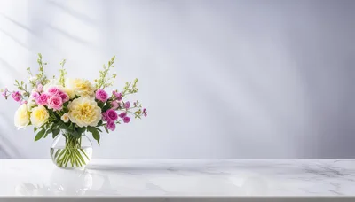 Floral Arrangement in Glass Vase on Marble Table